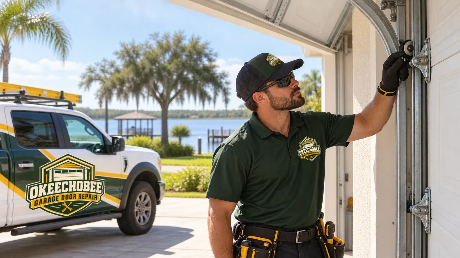 Technician inspecting rollers, hinges, and track on a residential sectional garage door in Florida