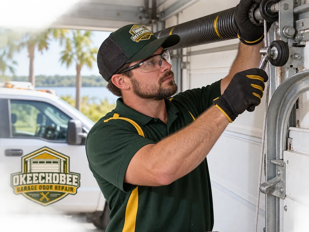Garage door technician checking a torsion spring, lift cable, and roller assembly