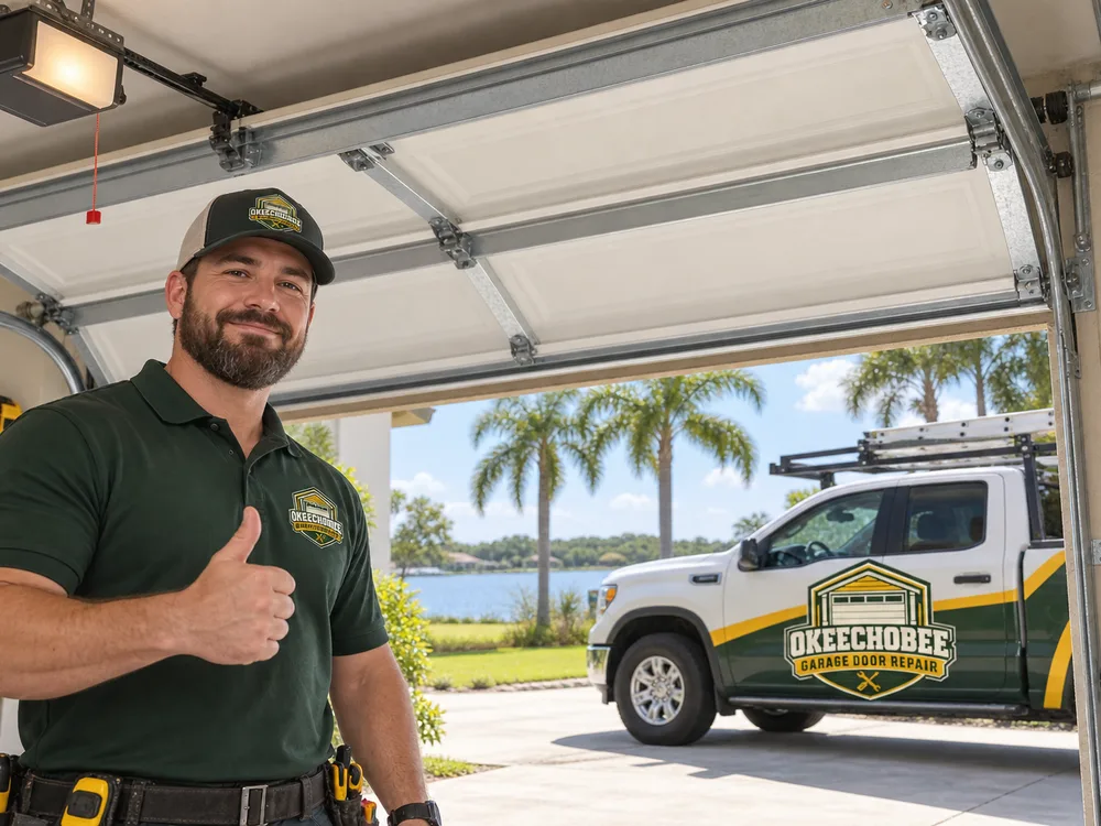 Repaired residential garage door open with straight tracks, seated rollers, secure hardware, and connected opener