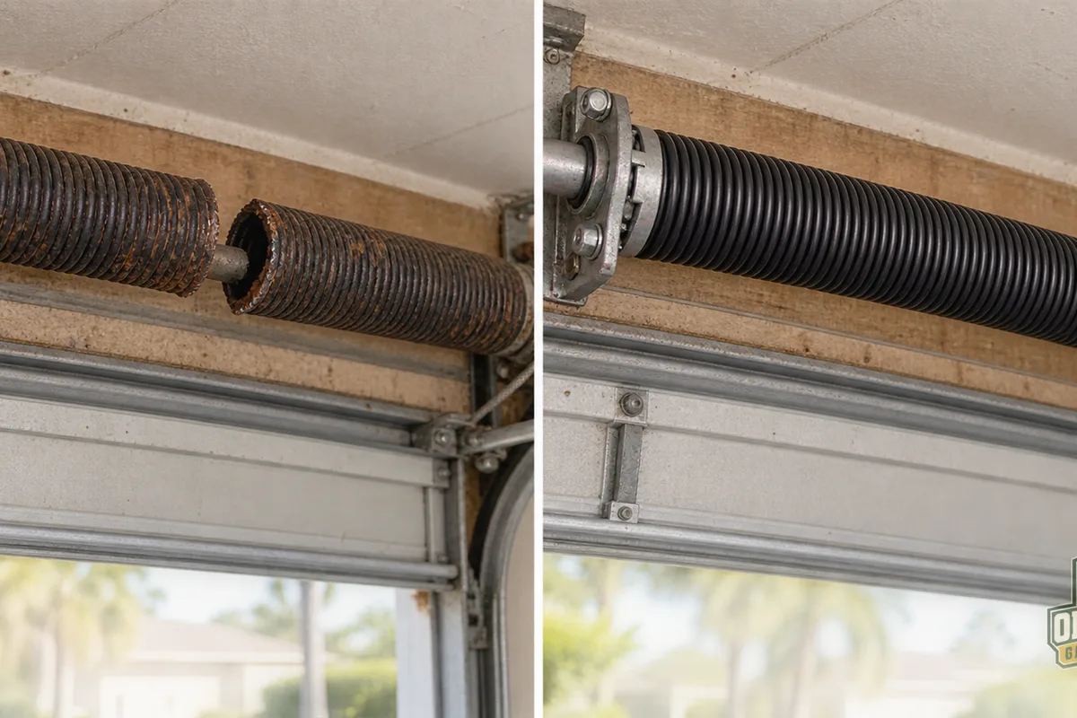 Comparison of a separated corroded garage door spring and a correctly installed replacement spring