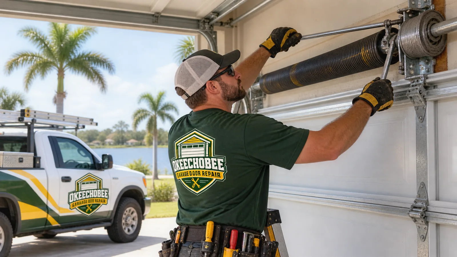 Residential garage door technician working on the torsion spring assembly above a closed garage door