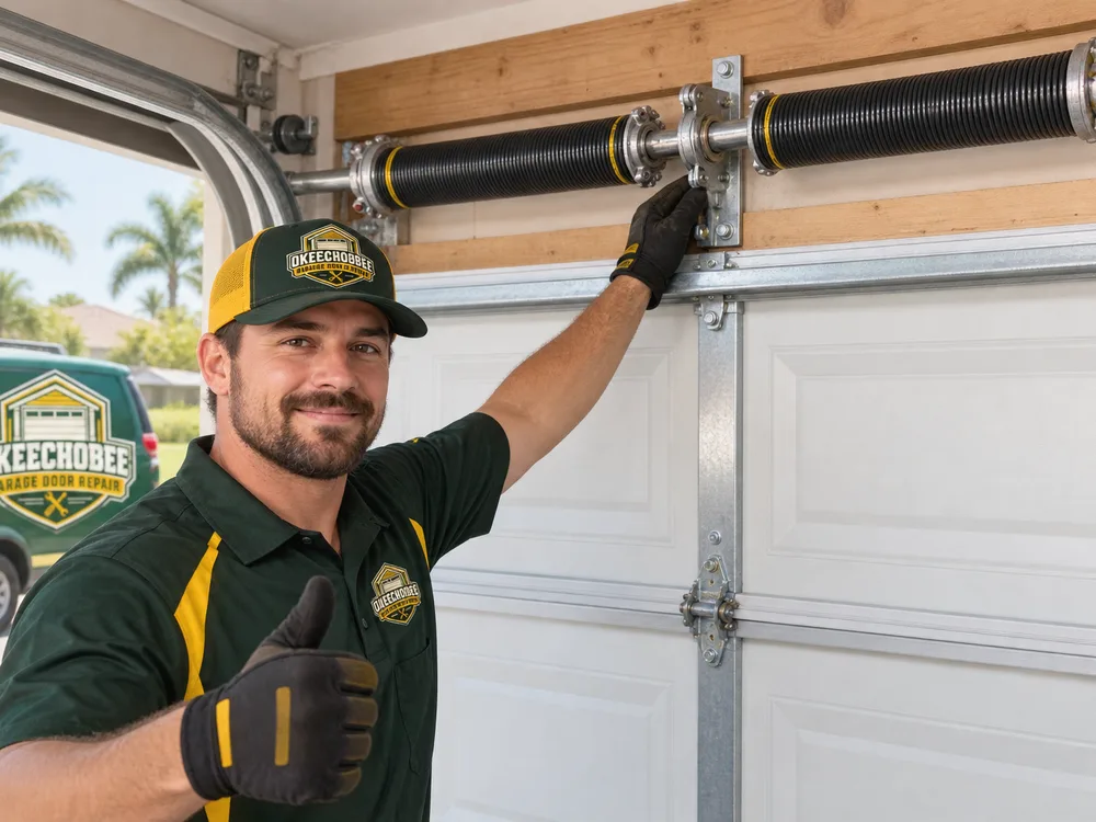 Properly installed pair of torsion springs centered on a shaft above a residential garage door