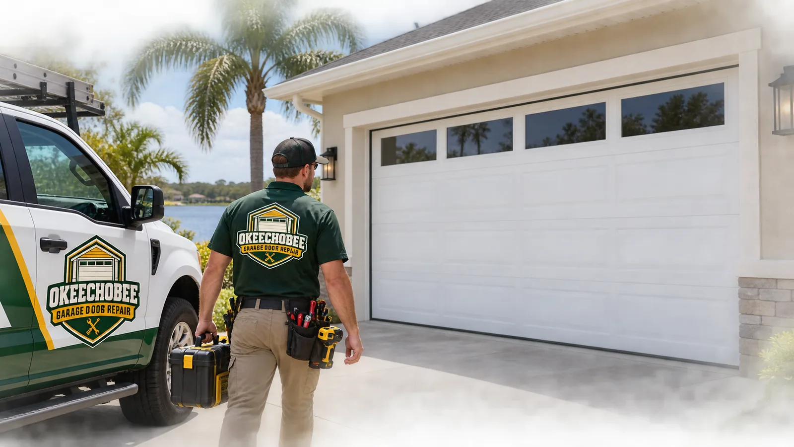 A newly installed sectional steel garage door on an Okeechobee-area home, shown closed and aligned cleanly within the opening