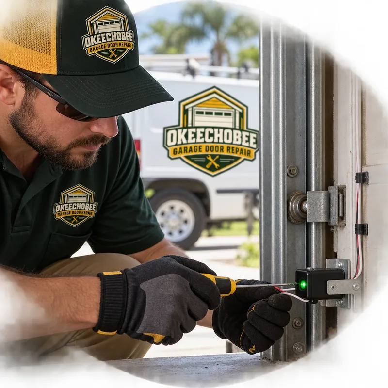 Technician testing aligned garage door photo-eye sensors and checking low-voltage wiring beside the track