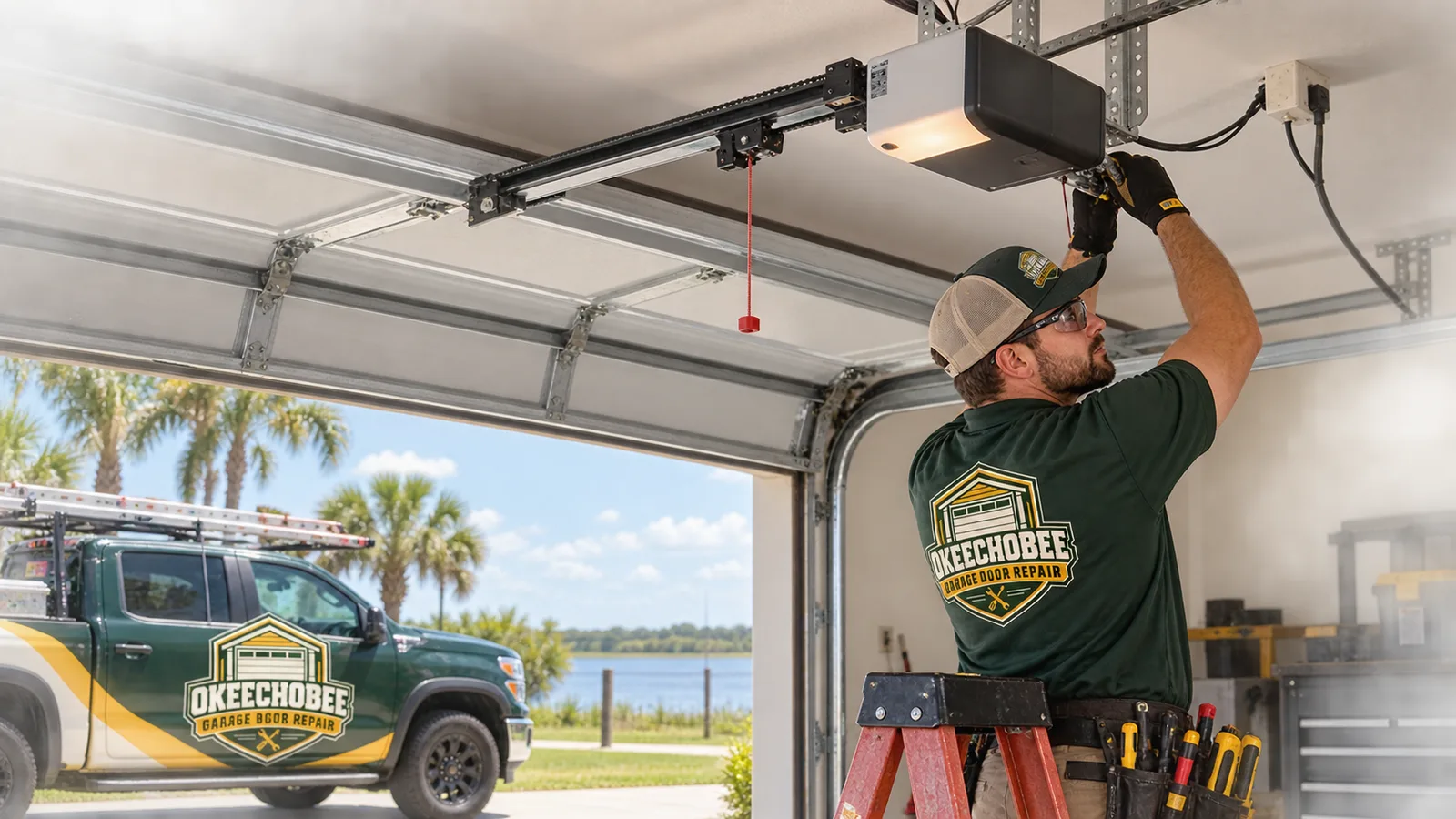 Professionally installed ceiling-mounted garage door opener connected to a residential sectional door with visible rail, trolley, and wiring