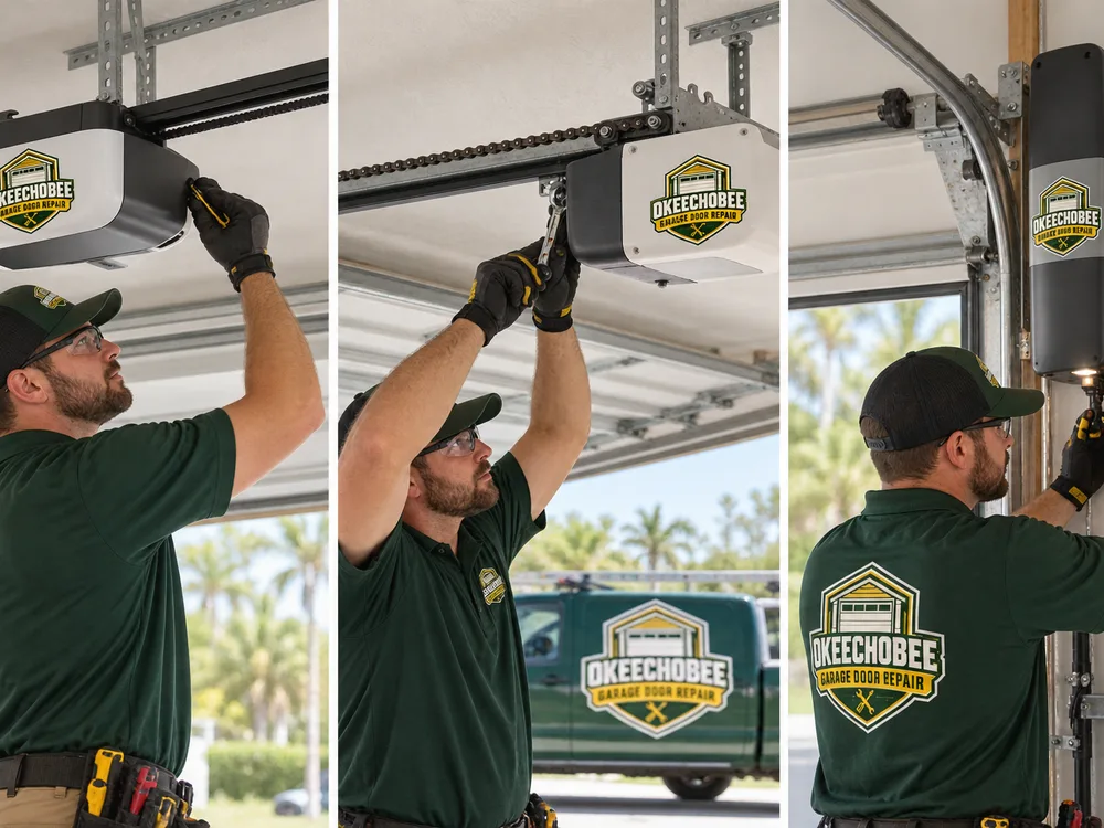 Belt-drive, chain-drive, and wall-mount garage door opener configurations showing their different mounting positions and drive components