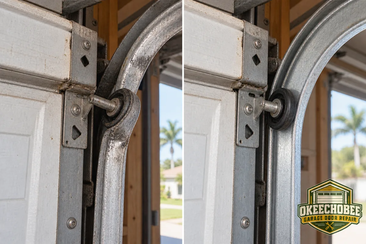 Side-by-side view of a garage door roller displaced from a bent track and the same area after track alignment and roller repair