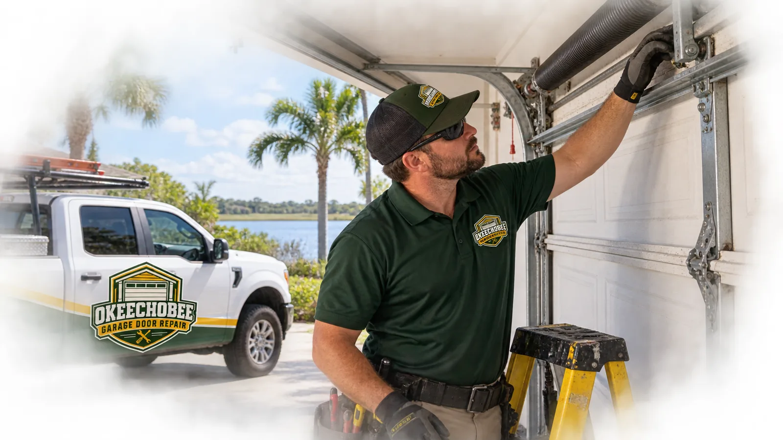 Residential garage door technician inspecting the track and spring system of a visibly stuck garage door in Florida daylight