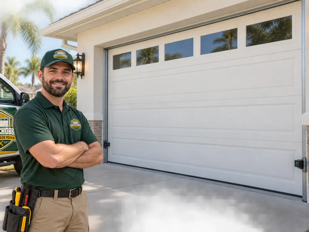 Repaired residential garage door closed with straight panel spacing, aligned tracks, and clear photo-eye sensors