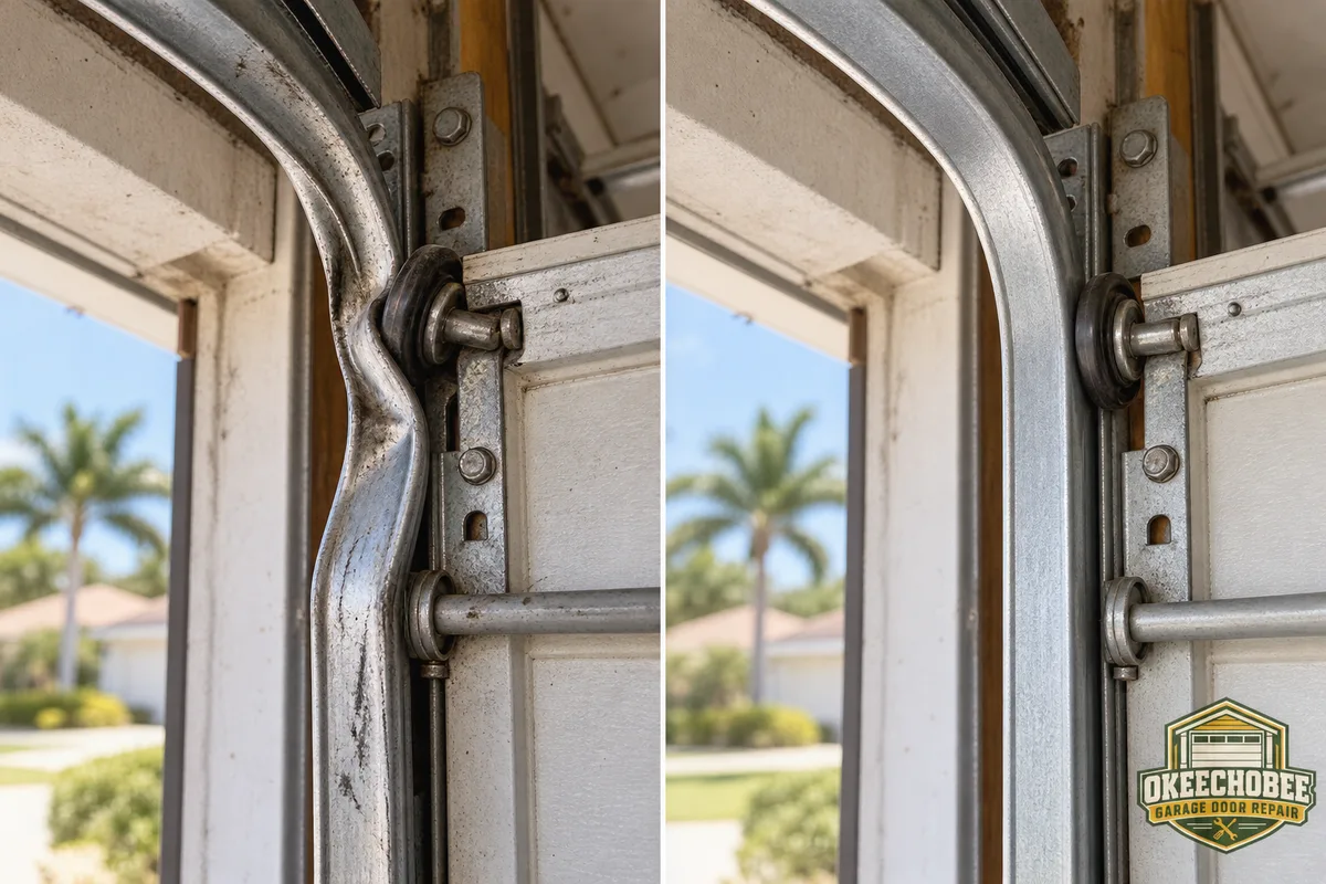 Comparison of a kinked garage door track with a displaced roller and the same area after correct alignment