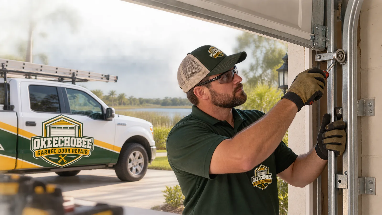 Residential garage door technician checking the vertical track and rollers of a partially open door